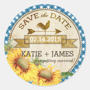 Zonnebloemen Rooster Rustic Save the Date Label