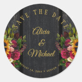 Zonnebloemen rozen chique schuur hout bruiloft ops ronde sticker (Voorkant)