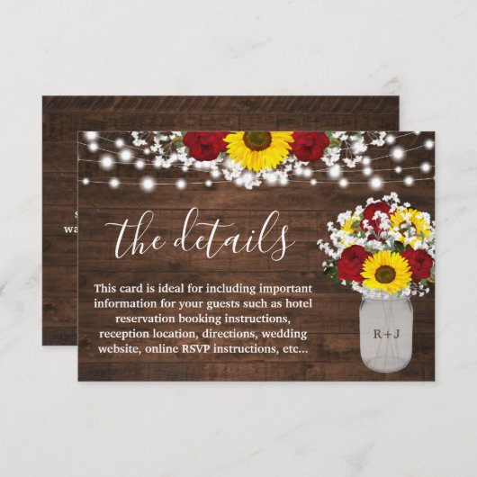 Zonnebloemen Rozen Mason Jar Lights Weddenschap De Informatiekaartje (Voorkant / Achterkant)