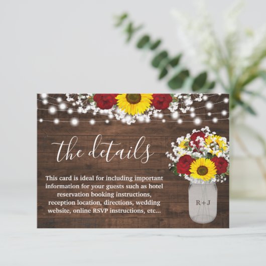 Zonnebloemen Rozen Mason Jar Lights Weddenschap De Informatiekaartje (Staand voorkant)