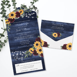 Zonnebloemen Rozen Rustic Navy Blue Wood Weddensch All In One Uitnodiging