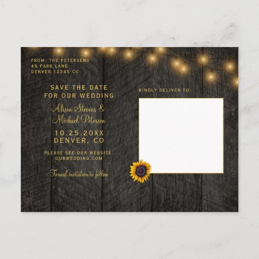 Zonnebloemen rozen schuur hout save the date bruil aankondigingskaart (Achterkant)