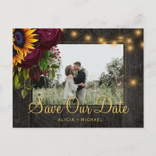 Zonnebloemen rozen schuur hout save the date bruil aankondigingskaart (Voorkant)