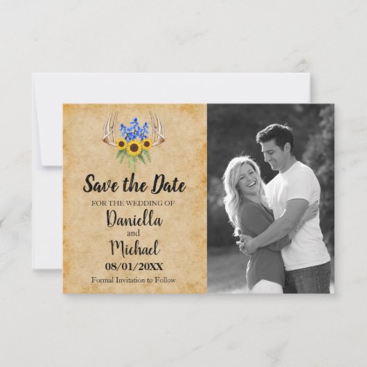 Zonnebloemen Rustic Antlers Floral Wedding Save The Date (Voorkant)