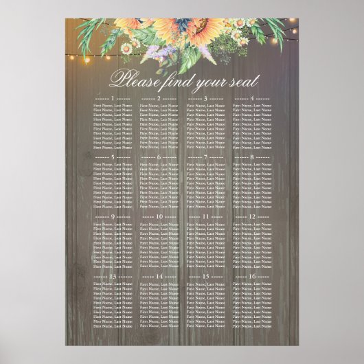 Zonnebloemen Rustic Wedding Seating Chart Poster (Voorkant)