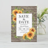 Zonnebloemen rustiek hout aangepaste bruiloft save the date (Staand voorkant)