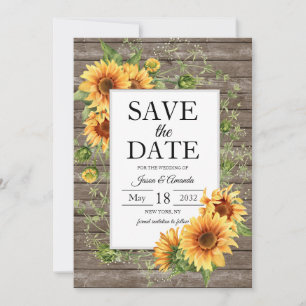 Zonnebloemen rustiek hout aangepaste bruiloft save the date