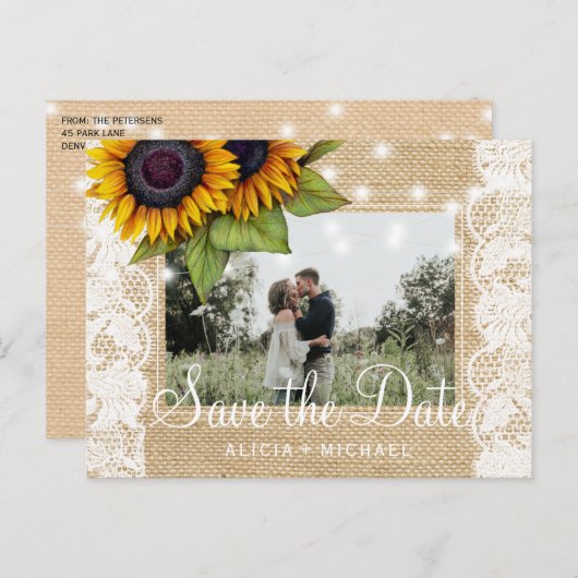 Zonnebloemen rustieke boerlap plaats save date bru aankondigingskaart (Voorkant / Achterkant)