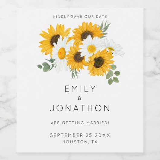 Zonnebloemen rustieke gele bloemen sparen de datum wijn etiket (Enkel label)