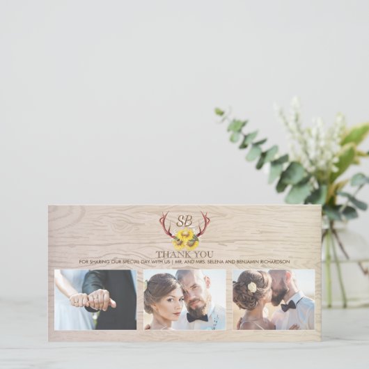 Zonnebloemen Rustieke herten gewei bruiloft Dank u Bedankkaart (Staand voorkant)