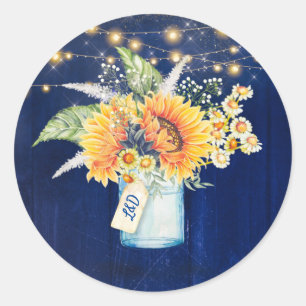 Zonnebloemen rustieke marine blauw herfst bruiloft ronde sticker