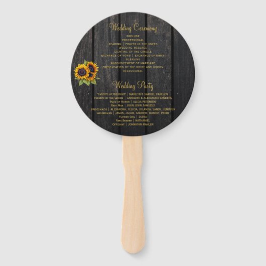 Zonnebloemen schuur hout gouden script bruiloft ce handwaaier (Achterkant)