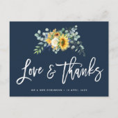 Zonnebloemen Script Navy Blue bruiloft dank u kaar Briefkaart (Voorkant)