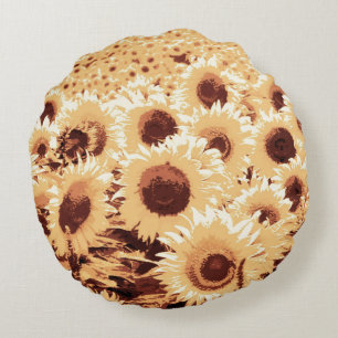 Zonnebloemen - sepia tone, kameel en bruin rond kussen