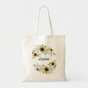 Zonnebloemen Stof Blauwe Flora Groenelementen Pers Tote Bag