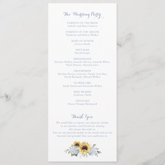 Zonnebloemen Stoffig Blauw Hydrangea Crest Bruilof Programma (Achterkant)