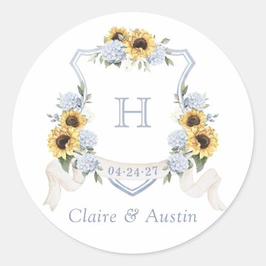 Zonnebloemen Stoffig Blauw Hydrangea Crest Envelop Ronde Sticker (Voorkant)