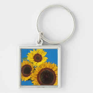 Zonnebloemen tegen blauwe omheining sleutelhanger