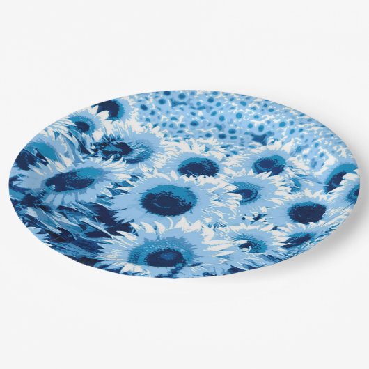Zonnebloemen - tinten blauw papieren bordje (Gekanteld)