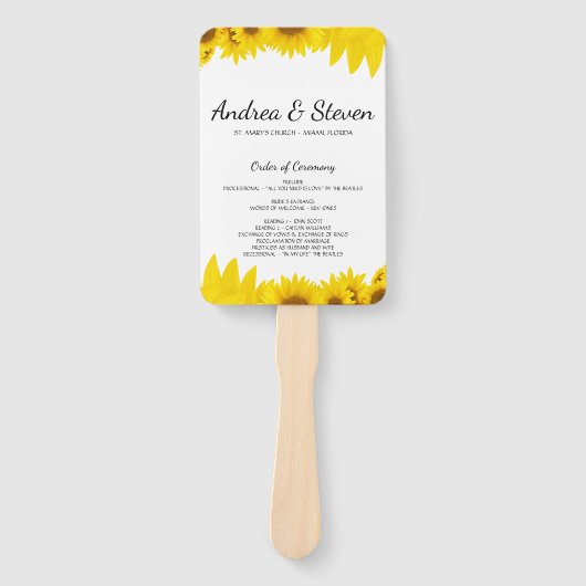 Zonnebloemen Trouwprogramma Fan. Helianthus Menu Handwaaier (Voorkant)