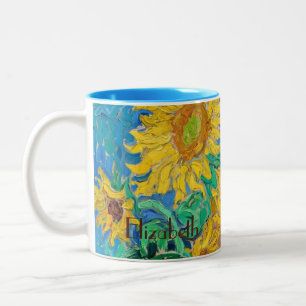 Zonnebloemen Veld Rood Oranje Geel Blauw Van Gogh Tweekleurige Koffiemok