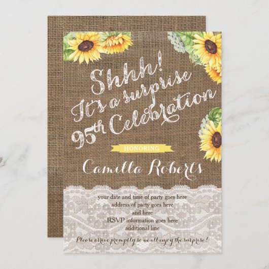 Zonnebloemen Verrassend 95th Birthday Party Invite Kaart (Voorkant / Achterkant)