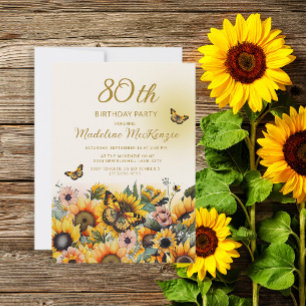 Zonnebloemen Vlinders 80ste Verjaardagsfeestje Kaart