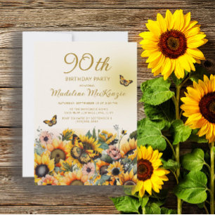 Zonnebloemen Vlinders 90ste Verjaardagsfeestje Kaart