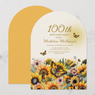 Zonnebloemen Vlinders Boog 100ste Verjaardag Party Kaart