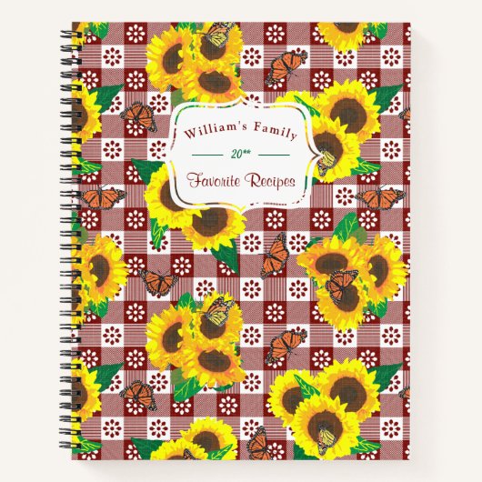 Zonnebloemen Vlinders Red Gingham Recept Notitieboek (Voorkant)