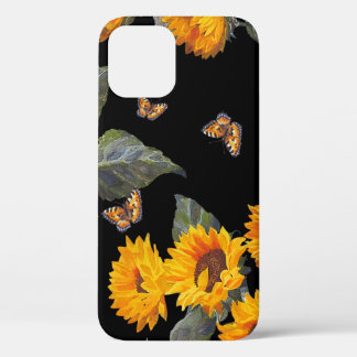 Zonnebloemen & Vlinders: Waterverf Zwart Backgro iPhone 12 Hoesje