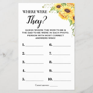 Zonnebloemen Waar waren ze Baby Shower Spelkaart Flyer