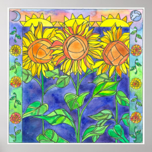 Zonnebloemen Waterverf Flowers Sun Moon Poster