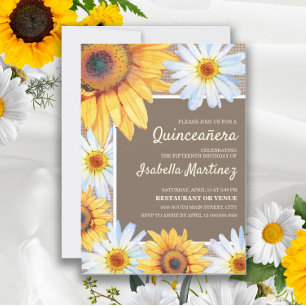 Zonnebloemen White Daisies Burlap Quinceañera 15th Kaart