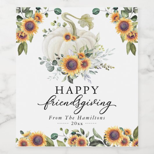 Zonnebloemen White Pumpkin Happy Friendsgiving Wijn Etiket (Enkel label)
