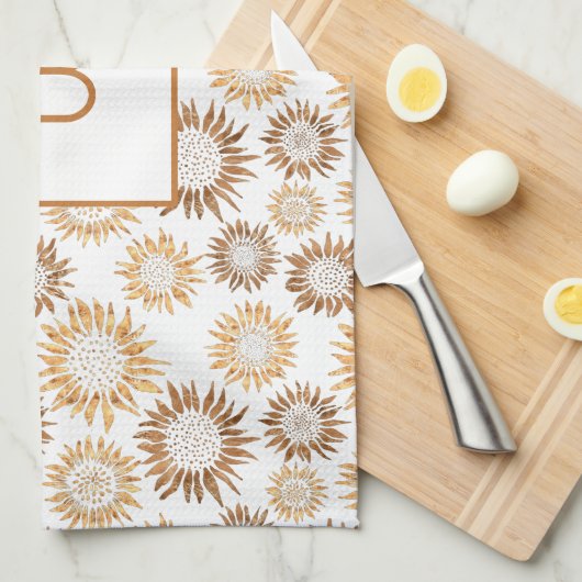 Zonnebloemen witte goudmonogram initiaal theedoek (Quarter Fold)