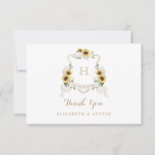 Zonnebloemen Witte Hydrangea Crest Bruiloft Monogr Bedankkaart (Voorkant)