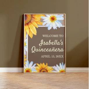 Zonnebloemen Witte Madelief Houten Jute Quinceañer Poster