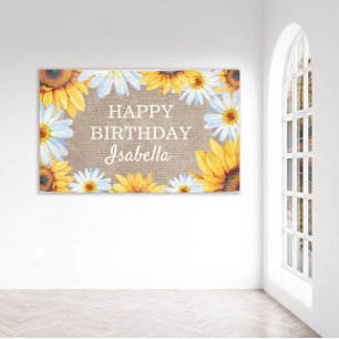Zonnebloemen Witte Madelief Jute Happy Verjaardag Spandoek