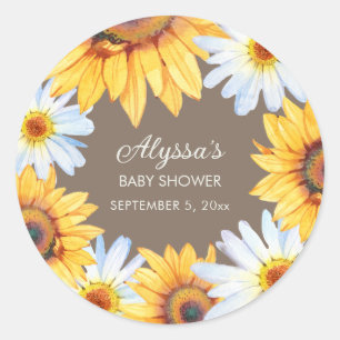 Zonnebloemen Witte Madeliefjes Bruine Baby Shower Ronde Sticker