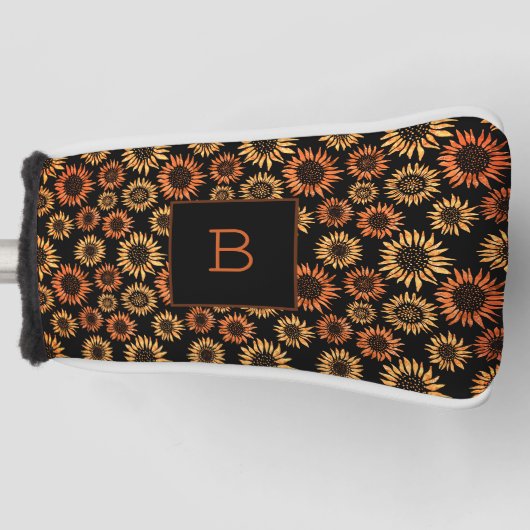 Zonnebloemen zwart gouden monogram initiaal golfheadcover (Voorkant)