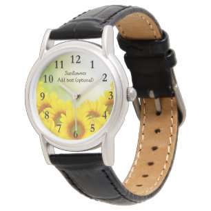 Zonnebloemen Zwart lederen bandhorloge voor dames Horloge