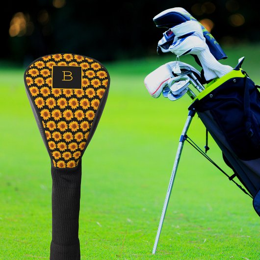 Zonnebloemen zwart monogram initiaal golfheadcover
