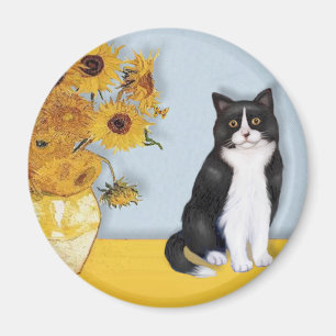 Zonnebloemen - Zwarte en witte kat Magneet