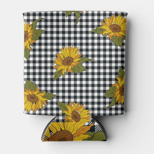 Zonnebloemen, zwarte witte buffel check, bloemenkl blikjeskoeler (Voorkant)
