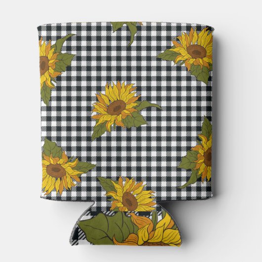 Zonnebloemen, zwarte witte buffel check, bloemenkl blikjeskoeler (Achterkant)