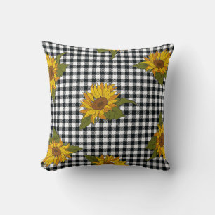 Zonnebloemen, zwarte witte buffel check, bloemenkl kussen