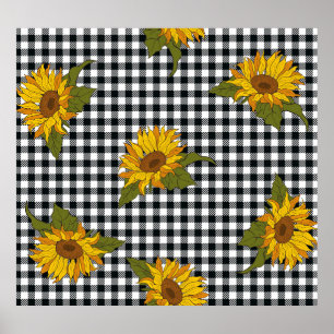 Zonnebloemen, zwarte witte buffel check, bloemenkl poster