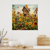 Zonnebloementuin 11 Vogelhuisjes Blauwe Vogels Poster (Keuken)