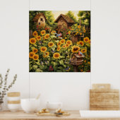 Zonnebloementuin 12 vogelhuisjes Blauwe vogels Poster (Keuken)